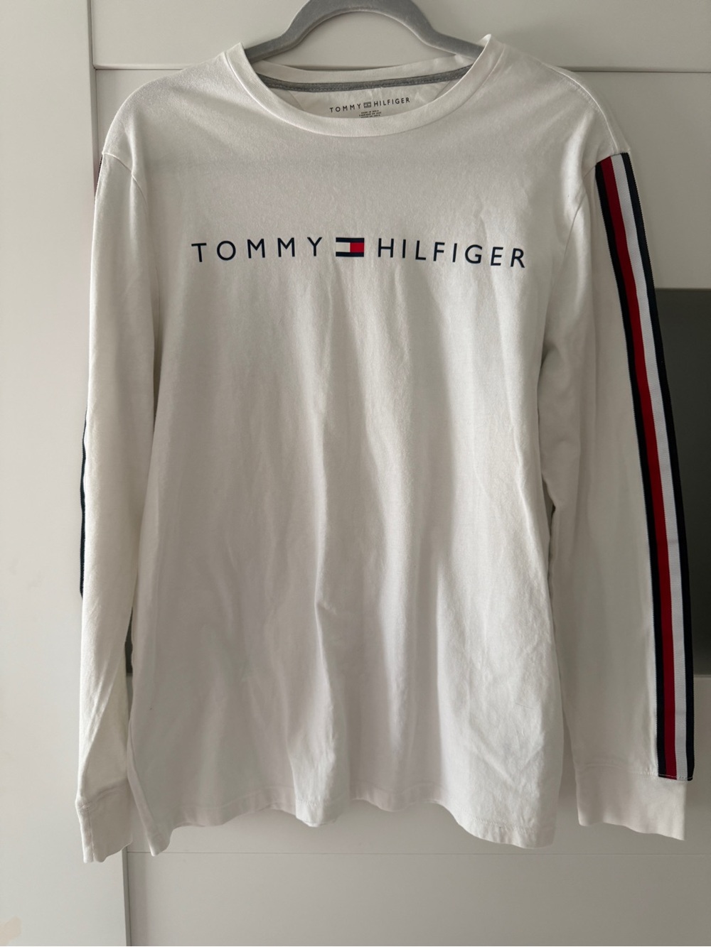 Tommy Hilfiger White Long Sleeve Logo Tee with Red & Navy Stripe